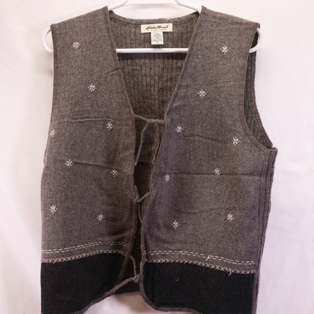 Eddie‎ Bauer Wool Sweater Vest Womens M Embroidered Flower Tie Front Y2K Gray